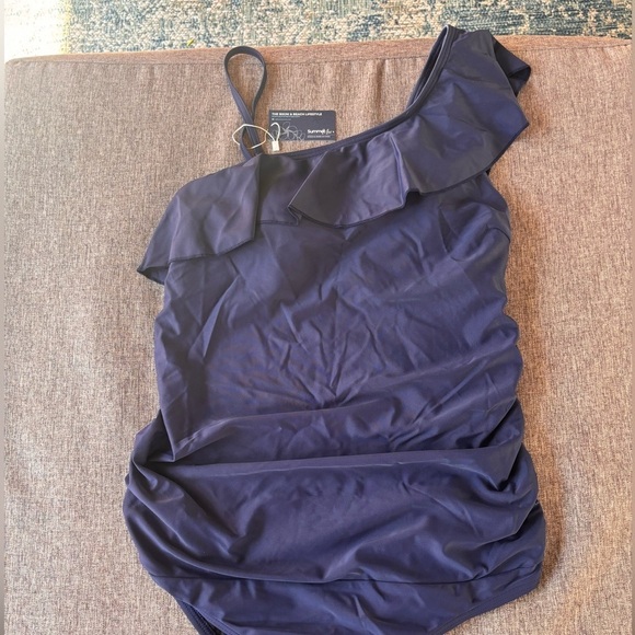 Maternity Swimwear One Shoulder Flounce One Piece, Navy Size Medium - Picture 2 of 9